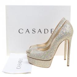 Pre Owned Casadei Glitter Lamé Fabric Peep Toe Platform Pumps Size 38.5