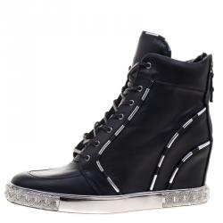 Pre Owned Casadei Black Leather Chain Detail Wedge Sneakers Size 40
