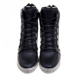 Pre Owned Casadei Black Leather Chain Detail Wedge Sneakers Size 40
