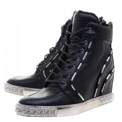 Pre Owned Casadei Black Leather Chain Detail Wedge Sneakers Size 40