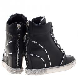 Pre Owned Casadei Black Leather Chain Detail Wedge Sneakers Size 40