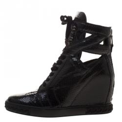 Pre Owned Casadei Black Python Cut Out Wedge High Top Sneakers Size 41