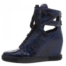 Pre Owned Casadei Two Tone Python Cut-Out Wedge High Top Sneakers Size 39