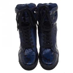 Pre Owned Casadei Two Tone Python Cut-Out Wedge High Top Sneakers Size 39