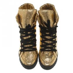 Pre Owned Casadei Gold Metallic Crackled Leather High Top Sneakers Size 41