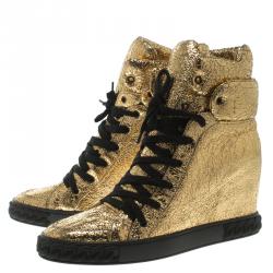 Pre Owned Casadei Gold Metallic Crackled Leather High Top Sneakers Size 41