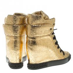 Pre Owned Casadei Gold Metallic Crackled Leather High Top Sneakers Size 41