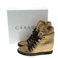 Pre Owned Casadei Gold Metallic Crackled Leather High Top Sneakers Size 41
