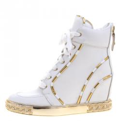 Pre Owned Casadei White and Gold Leather High Top Wedge Sneakers Size 36