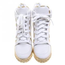 Pre Owned Casadei White and Gold Leather High Top Wedge Sneakers Size 36