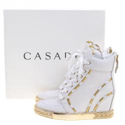 Pre Owned Casadei White and Gold Leather High Top Wedge Sneakers Size 36