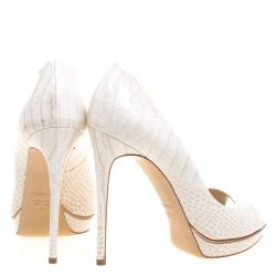 Pre Owned Casadei Ivory Croc Embossed Leather Peep Toe Platform Pumps Size 37