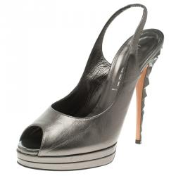 Pre Owned Casadei Grey Metallic Leather Prism Heel Peep Toe Slingback Sandals Size 38.5