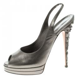 Pre Owned Casadei Grey Metallic Leather Prism Heel Peep Toe Slingback Sandals Size 38.5