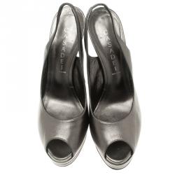 Pre Owned Casadei Grey Metallic Leather Prism Heel Peep Toe Slingback Sandals Size 38.5