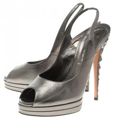 Pre Owned Casadei Grey Metallic Leather Prism Heel Peep Toe Slingback Sandals Size 38.5
