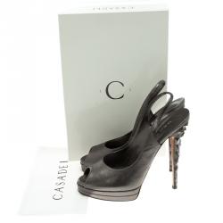 Pre Owned Casadei Grey Metallic Leather Prism Heel Peep Toe Slingback Sandals Size 38.5