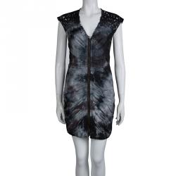 Pre Owned Catherine Malandrino Monochrome Tie-Dyed Cotton Ruched Sleeveless Double Zipper Dress S