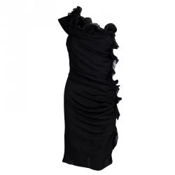 Pre Owned Catherine Malandrino Black Silk Ruched Frill Detail One Shoulder Dress M 