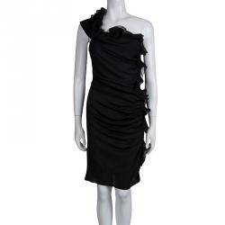 Pre Owned Catherine Malandrino Black Silk Ruched Frill Detail One Shoulder Dress M 