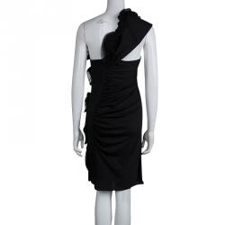 Pre Owned Catherine Malandrino Black Silk Ruched Frill Detail One Shoulder Dress M 