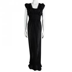Malandrino Black Silk Ruffle Detail Gathered Maxi Dress M 