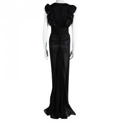 Malandrino Black Silk Ruffle Detail Gathered Maxi Dress M 