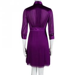 Catherine Malandrino Purple Silk Gathered Shirt Dress S