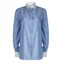 Pre Owned Celine Blue Pinchecked Contrast Trim Button Front Cotton Shirt L