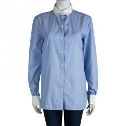 Pre Owned Celine Blue Pinchecked Contrast Trim Button Front Cotton Shirt L