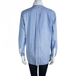 Pre Owned Celine Blue Pinchecked Contrast Trim Button Front Cotton Shirt L