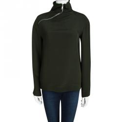 Pre Owned Celine Bottle Green Silk Zip Detail High Neck Long Sleeve Blouse S