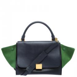 Pre Owned Celine Black/Green Leather and Suede Small Trapeze Tote