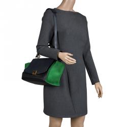 Pre Owned Celine Black/Green Leather and Suede Small Trapeze Tote