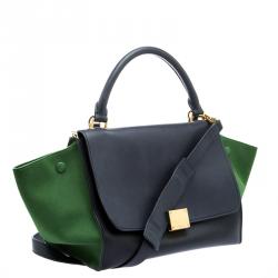 Pre Owned Celine Black/Green Leather and Suede Small Trapeze Tote