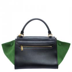 Pre Owned Celine Black/Green Leather and Suede Small Trapeze Tote