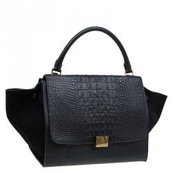 Pre Owned Celine Black Hornback Croc Leather Small Trapeze Top Handle Bag