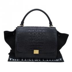 Pre Owned Celine Black Hornback Croc Leather Small Trapeze Top Handle Bag