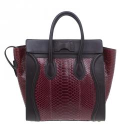 Pre Owned Celine Burgundy Python and Leather Mini Luggage Tote