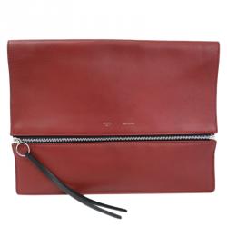 Pre Owned Celine Bordeaux Leather Oversized Zip Clutch Bag