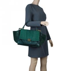Pre Owned Celine Emerald Croc Stamped Leather Medium Trapeze Bag