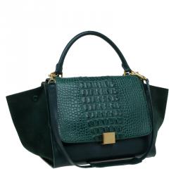 Pre Owned Celine Emerald Croc Stamped Leather Medium Trapeze Bag