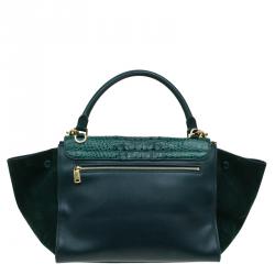 Pre Owned Celine Emerald Croc Stamped Leather Medium Trapeze Bag