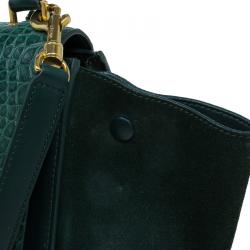 Pre Owned Celine Emerald Croc Stamped Leather Medium Trapeze Bag