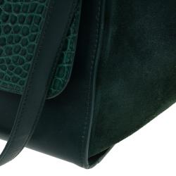 Pre Owned Celine Emerald Croc Stamped Leather Medium Trapeze Bag