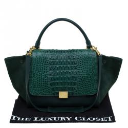 Pre Owned Celine Emerald Croc Stamped Leather Medium Trapeze Bag