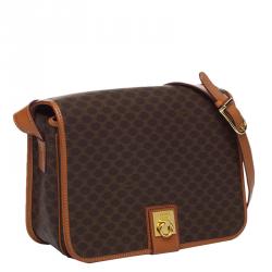 Pre Owned Celine Dark Brown Macadam Coated Canvas Flap Shoulder Bag