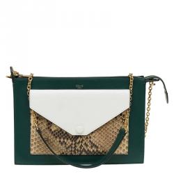 Pre Owned Celine Green/White Leather and Snake Skin Medium Pocket Clutch