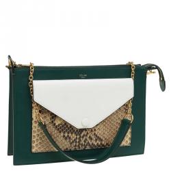 Pre Owned Celine Green/White Leather and Snake Skin Medium Pocket Clutch