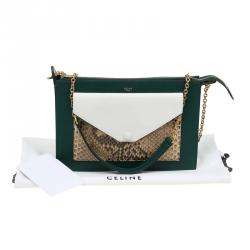 Pre Owned Celine Green/White Leather and Snake Skin Medium Pocket Clutch